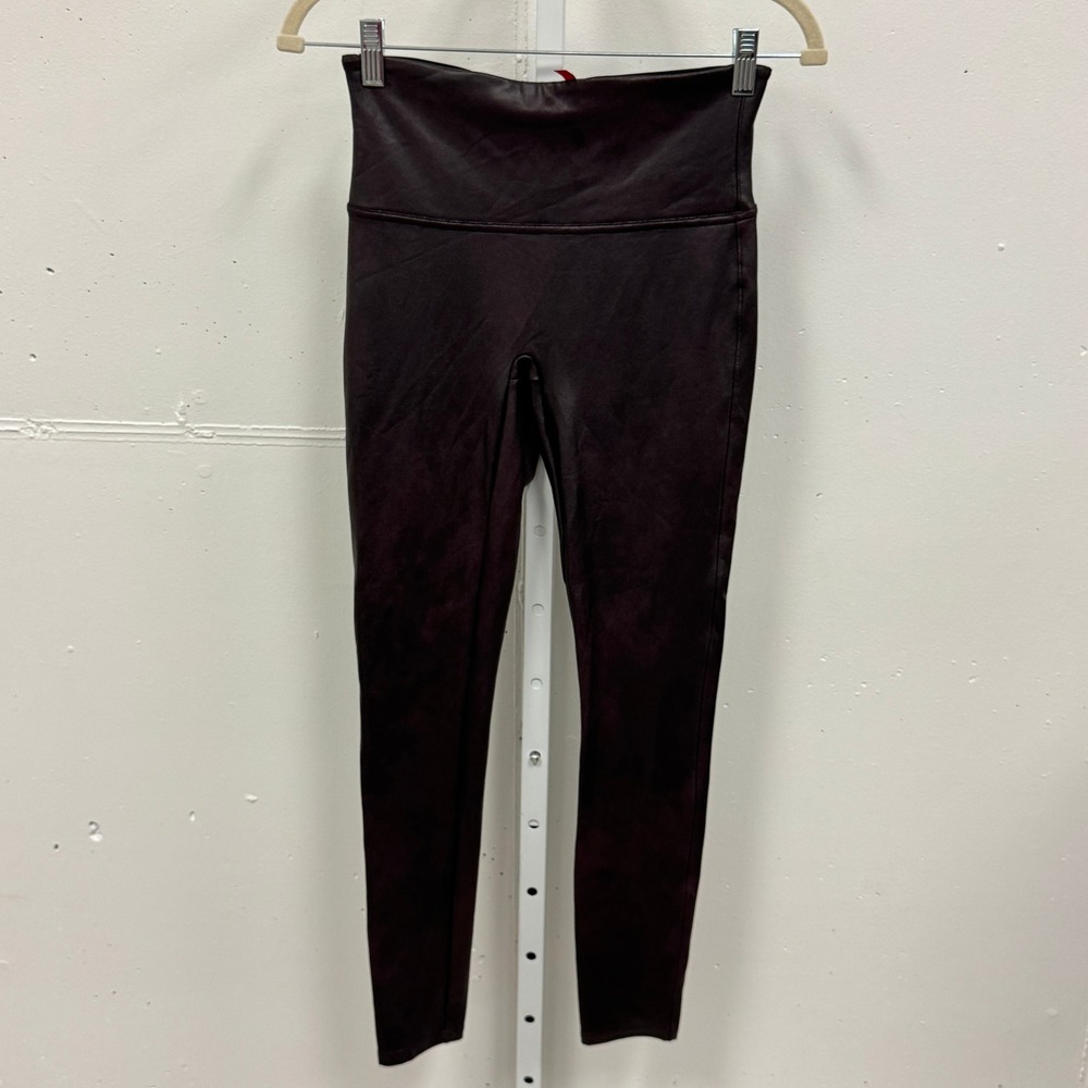 Spanx Faux Leather Shiny Leggings Fudge Brown High Rise Women's Medium Stretch‎